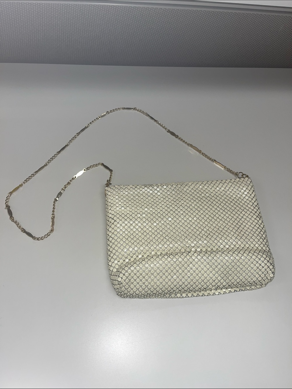 Regale Cream Mesh Chain Shoulder / Cross Body / Clutch with Gold Metal Strap